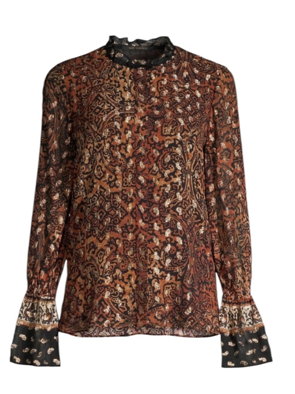 Kobi Halperin Metallic Gold Paisley Black with Brown Tones Ornate Blouse XL